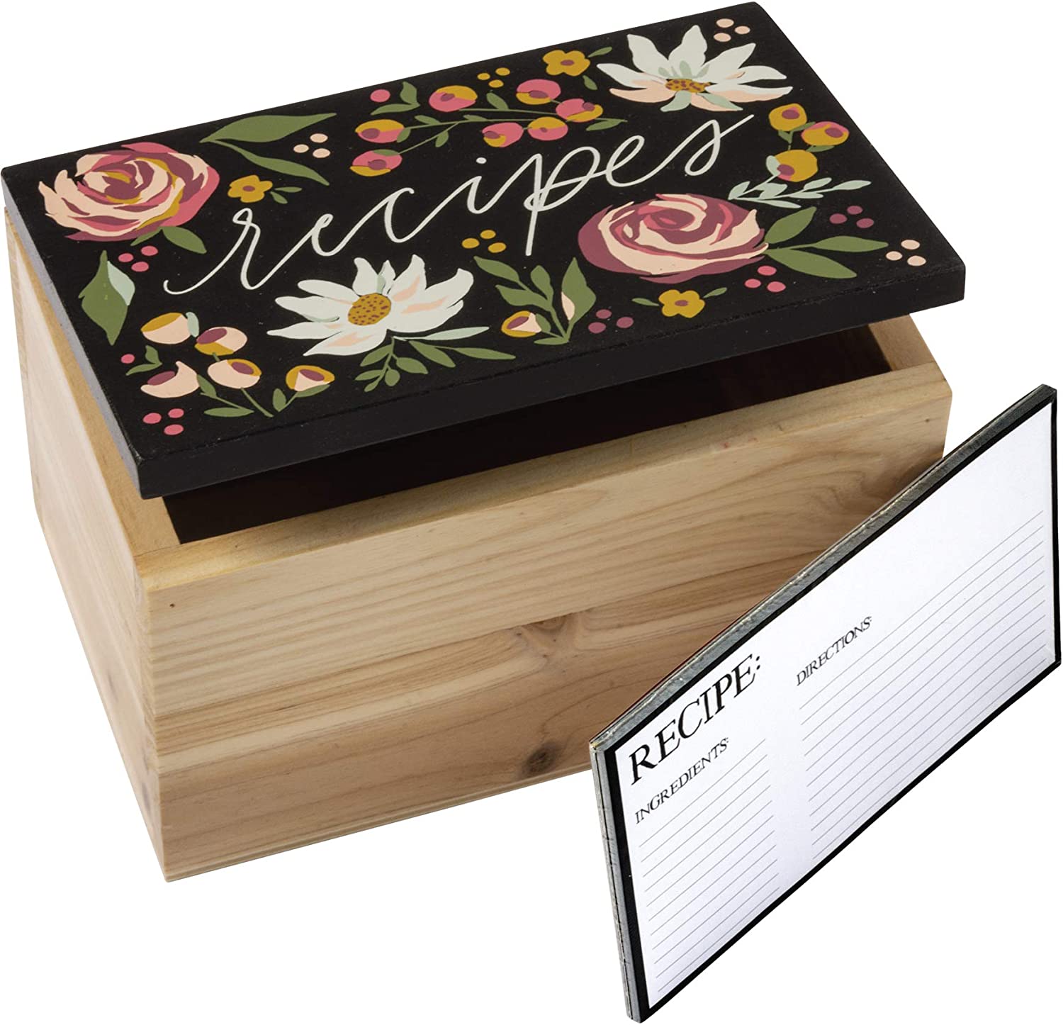 Botanical Floral Design Hinged Wooden Recipe Holder Box (Includes 30 Blank Recipe Cards)